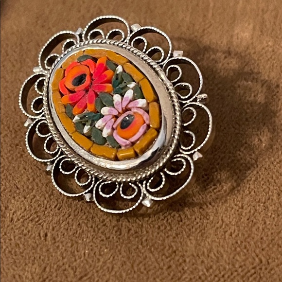 Vintage Italian Micro Mosaic Floral Filigree Framed Brooch - Picture 3 of 6